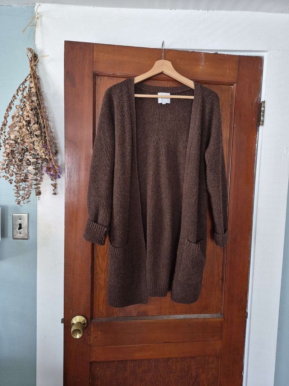 Pink Rose Open-Front Brown Knit Cardigan